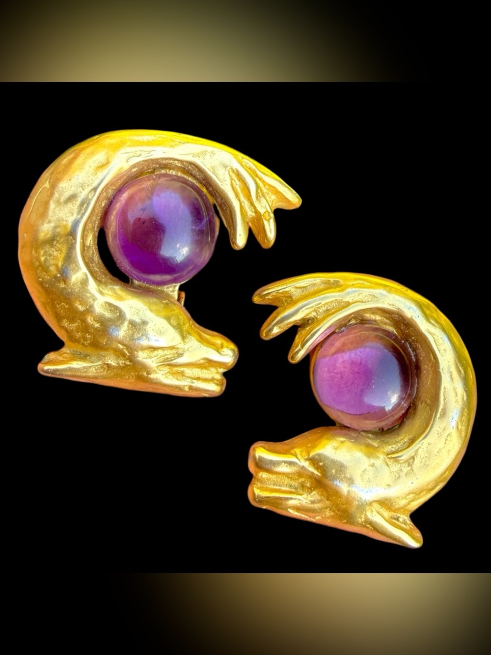 1980s Jaded Jewels NYC Dolphin Purple Cabochon Clip Earrings Brushed Gold Tone